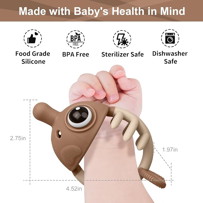 Baby Teething Toys 3-6 Months with Pacifier Clip, Mombella Clownfish Teether for Babies 6-12 Months, Food Grade Silicone Infant Teething Relief Toy, Baby Shower Gifts for Newborn Boys Girls, Tanned