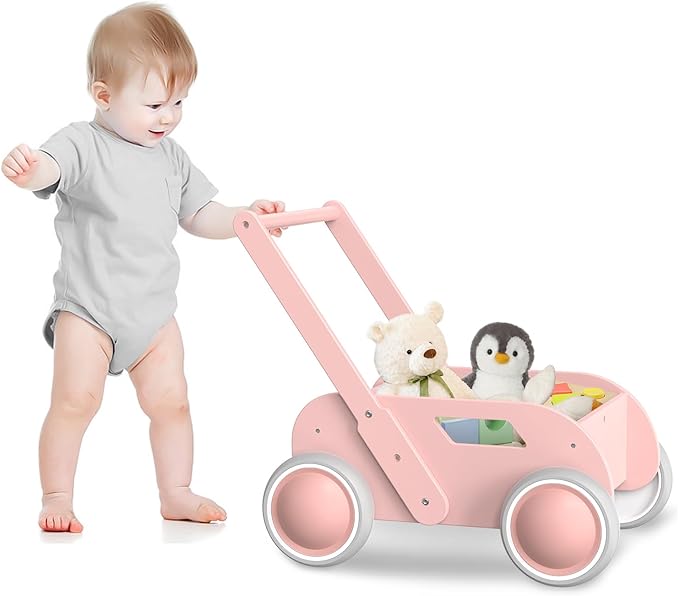 Wooden Baby Walker, Push and Pull Learning Walk Toys for Infants to Toddler, Walker with Wheels for Boys Girls, Gift for Birthday Christmas, Pink