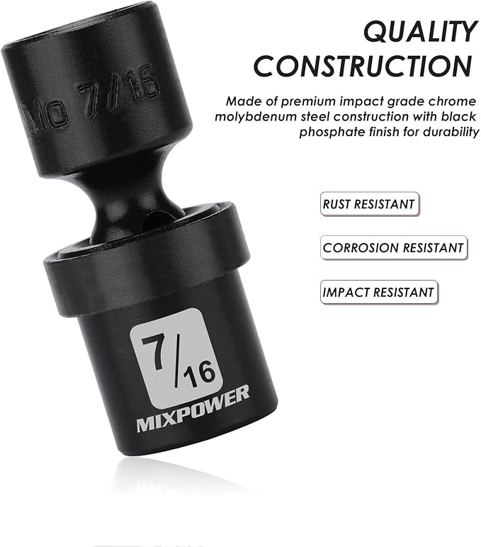 MIXPOWER 6PCS 1/4" Drive SAE Shallow Universal Impact Socket Set, 1/4" - 9/16", Swivel Socket with Flexible Wobble, CR-MO