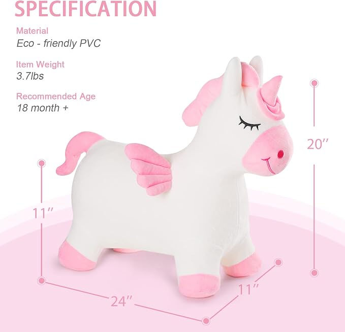 INPANY Unicorn Bouncy Horse Toys, Inflatable Unicorn with Ultra Thick Plush | Soft Washable Cover, Thick PVC, Stable 4-Leg Base, Cute Unicorn, Easy Inflation, Indoor & Outdoor Play, Gifts for 2-4 Kids