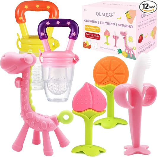 Medical-Grade Teething Toys for Babies 0-6 6-12 12-18 Months - with Adorable Baby Teethers & Baby Fruit Feeders - Soft Textures for Infant and Toddlers (Pink)