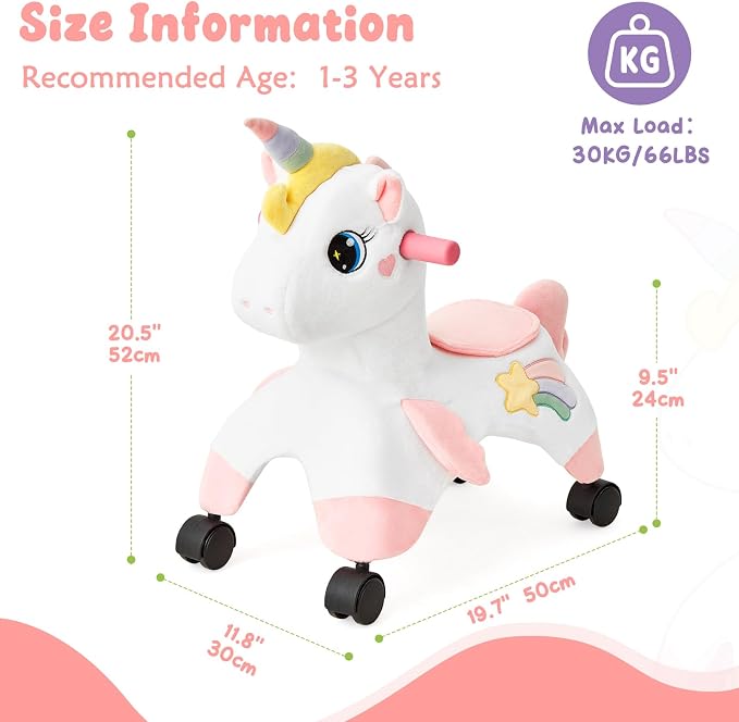 FUNLIO Unicorn Ride On Toys, Toddler Ride On Toys with 360° Wheels, Toddler Bike Designed to Develop Balance & Coordination, for Indoor/Outdoor Play, Easy to Assemble, CPC & CE Certified
