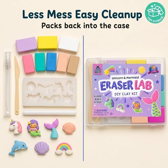 PURPLE LADYBUG Eraser Lab Mermaid & Unicorn Eraser Making Kit - Birthday Gift for Girls Ages 5-10, Make Your Own DIY Clay Eraser Kit, Gift for 7 Year Old Girl, Back to School Supply