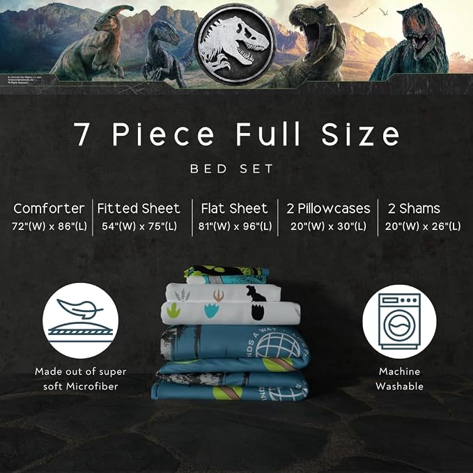 Jurassic World Kids Bedding Super Soft Cozy Reversible Microfiber Comforter and Sheet Set with Sham, 7 Piece Full Size, (Officially Licensed Product) By Franco