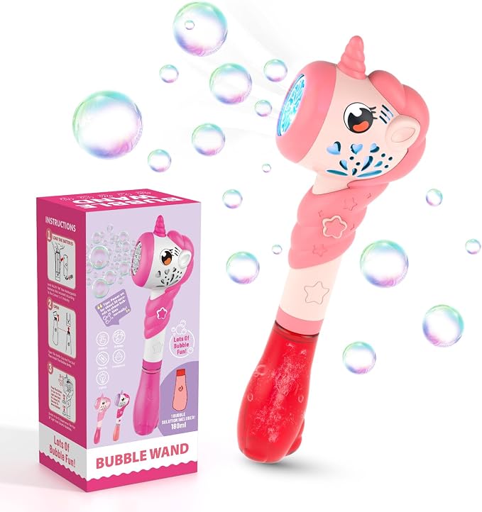 Bubble Wand for Girls, Automatic Bubble Machine Wand Toys with Light, Outdoor Party Toys for 3 4 5 6 Year Old Girl Wedding Easter Birthday Gifts Include Bubble Solution