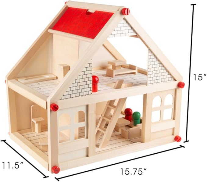 HEY! PLAY! Dollhouse for Kids – Classic Pretend Play 2 Story Wood Playset with Furniture Accessories and Dolls for Toddlers, Boys and Girls