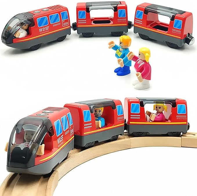 Battery Operated Wooden Train Track Set Toy High Speed for Toddlers 3 4 5 Years Old Boys Kids Magnetic Couplings City Vehicle with Figures