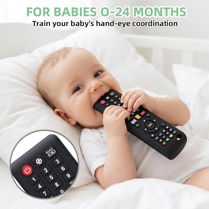 TV Remote Teether for 3-12-18 Months Babies Remote Shape Toddlers Chew Toys Baby Teething Toys Food Grade Silicone Teether for for Boys and Girls Sensory Toy