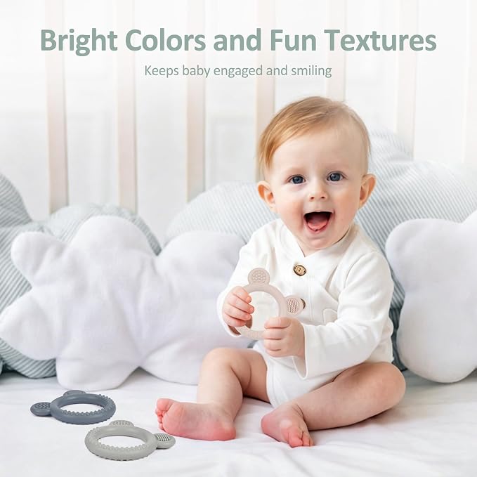 Eascrozn Baby Teething Toys Over 3 Months, 3 Pack Bear Silicone Teething Rings for Babies, Sensory Chew Toys for Teething Relief, BPA Free Infant Toys Boys Girls Gifts Baby Essentials