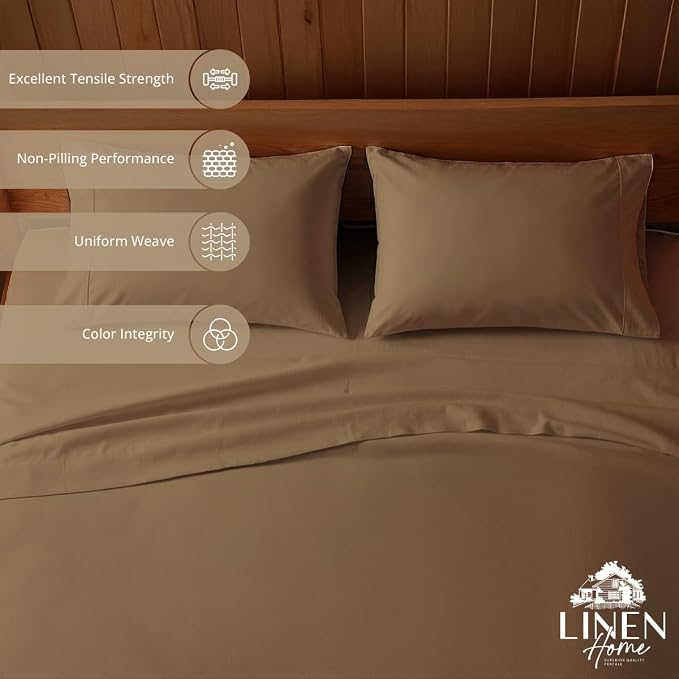 Linen Home 100% Cotton Percale Sheets King Size, Earthy Brown, Deep Pocket, 4 Pieces Set - 1 Flat, 1 Deep Pocket Fitted Sheet and 2 Pillowcases, Crisp Cool and Strong Bed Linen