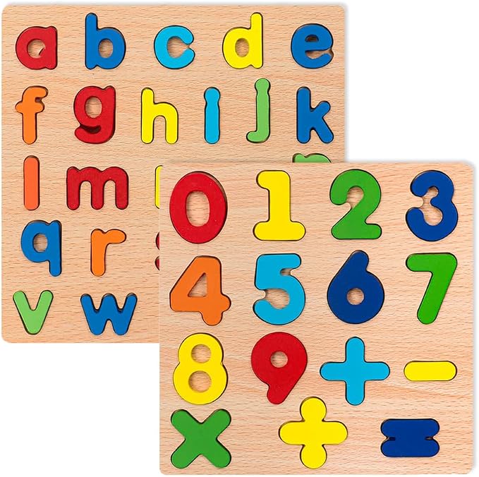 Wooden Puzzles for Toddlers, 2 Pack Alphabet Shape Wooden Puzzles for Kids Montessori Toddler Alphabet Number Shape Learning Puzzle for Kids 3 Years Over Boys & Girls