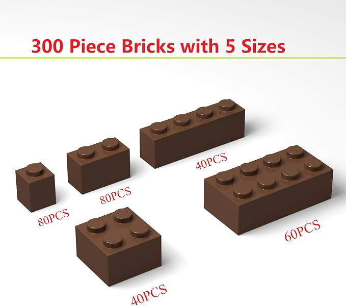300Pcs Building Brick Bulk, Brown Bulk Bricks with 5 Sizes, Compatible with Lego and Parts and Pieces, Creative Halloween Christmas Building Block Toys for Boys Girls Ages 6 7 8 9 10 Years Old