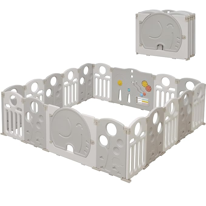 Baby Playpen, 18-Panel Foldable Play Pen for Babies and Toddlers, Indoor Outdoor Baby Fence with Sensory Play Panel, Adjustable Shape Activity Play Center, Portable & Easy Assemble