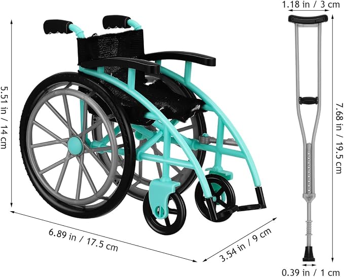 Garneck 1 Set of Green Miniature Wheelchair and Crutches Playset for Doll: Miniature Wheelchair Model for Dollhouse Furniture Accessories DIY Micro Scene Decor