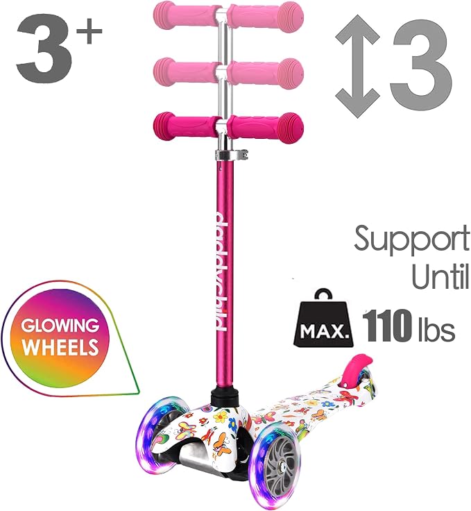 3-Wheel Kick Scooter for Kids Ages 3-8 Lean-to-Steer Toddler Scooter with Extra Wide Light Up Wheels, 4 Adjustable Heights, Foldable Scooters for Boys & Girls, Max Weight 110lbs