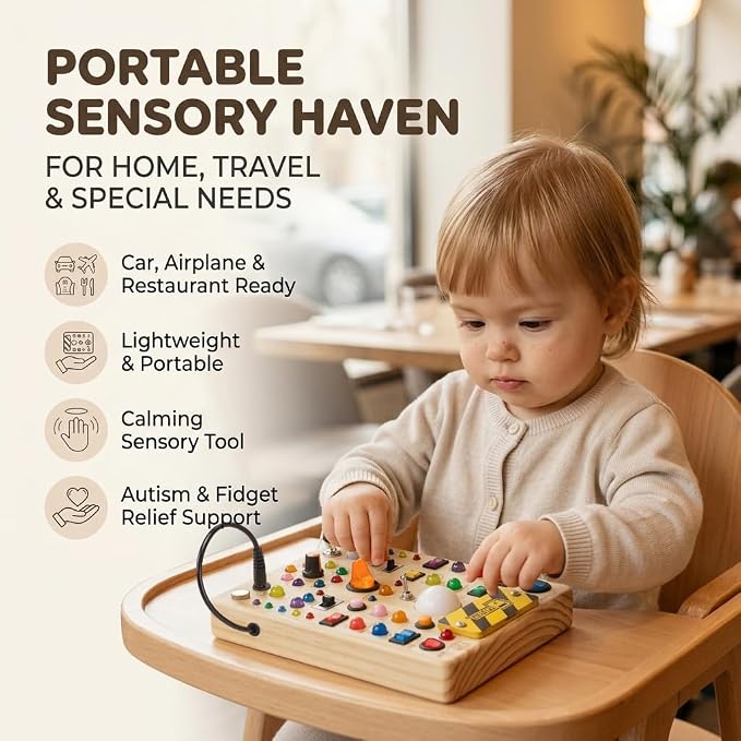 RichBoy Montessori Toy Busy Board with 40 LED Lights, 59-in-1 Sensory Toys for Toddlers, Travel Educational Activity for Airplane, Ideal Christmas Birthday Gift for Boys & Girls (7.8" x 6.5")