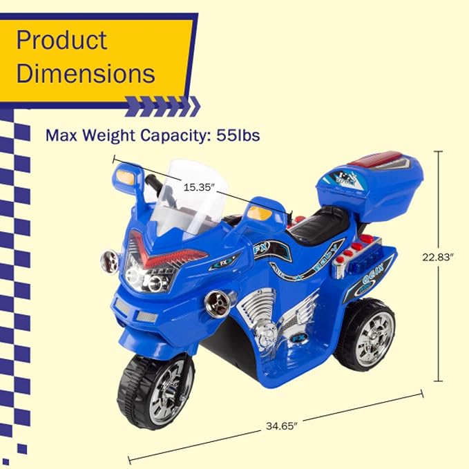 Ride on Toy, 3 Wheel Motorcycle Trike for Kids by Rockin' Rollers ? Battery Powered Ride on Toys for Boys and Girls, 3 - 6 Year Old - Blue FX