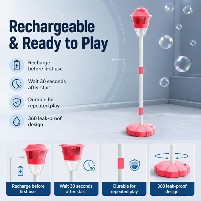 New Bubble Machine, 47in Rechargeable Automatic Bubble Maker with Light Music, 3 Level Heights Adjustable, Detachable Bubble Wand for Outdoor Party Wedding, Includes Bubble Solution (Blue)