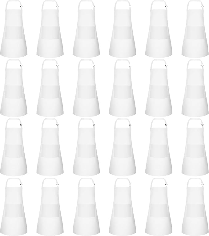 24 Pack Kids Apron bulk with 2 Pockets Adjustable Chef Art Apron Kids Painting Aprons for Cooking Baking Painting Crafting Grilling Activity（White）