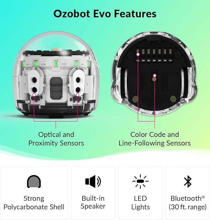Ozobot Evo Entry Kit: Interactive STEM Coding Robot for Kids Ages 5+, Screen-Free Learning with Color Code Markers, Blockly Programming, Includes Charging Cable & Protective Case, Educator Approved
