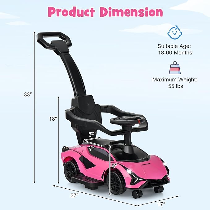 INFANS 3 in 1 Ride on Push Car, Licensed Lamborghini Baby Stroller Sliding Walking Car with Parent Control Handle, Music, Headlight, Under Seat Storage, Kids Foot-to-Floor Toy for 18-60 Months (Pink)