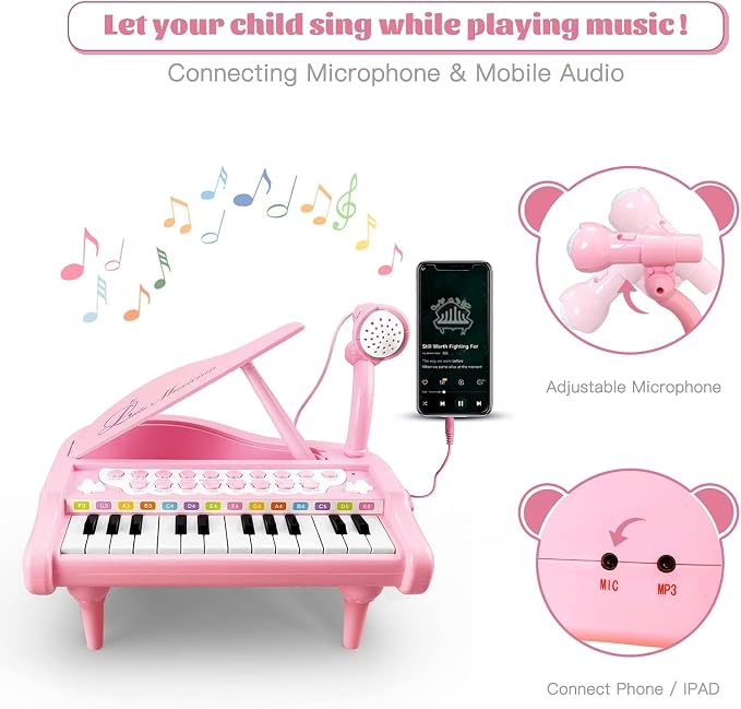 Love&Mini Piano Keyboard Toys for Girls - 24 Keys Toddler Piano Music Toy Instruments with Microphone，Pink Piano Toys for 3+ Years Old Girls Birthday Xmas Gifts (24 Keys Pink Piano Toy)