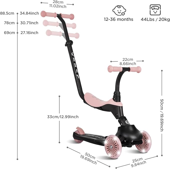 QPlay Toddler Scooter Ages 1 to 6 | Up to 110 Lbs | Kick Scooter with Adjustable Push Handle Height, Lights on Deck & 3 Wheels, Kids Ages 2 to 5 Boys & Girls Gifts (Violet)