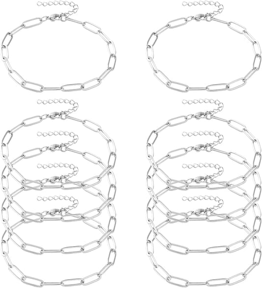 Exway 10 Pcs Paperclip Charm Bracelets Chain 6.5 Inch Stainless Steel Sliver Chain Bracelets Kit with Lobster Clasps for Crafts DIY Women Jewelry Making