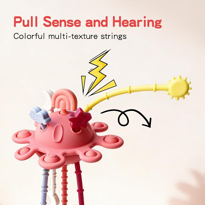 Food Grade Silicone Pull String Baby Toy, Montessori Pull String Sensory Toy (Red)