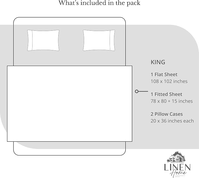 Linen Home 100% Cotton Percale Sheets King Size, Cream, Deep Pocket, 4 Pieces Set - 1 Flat, 1 Deep Pocket Fitted Sheet and 2 Pillowcases, Crisp Cool and Strong Bed Linen