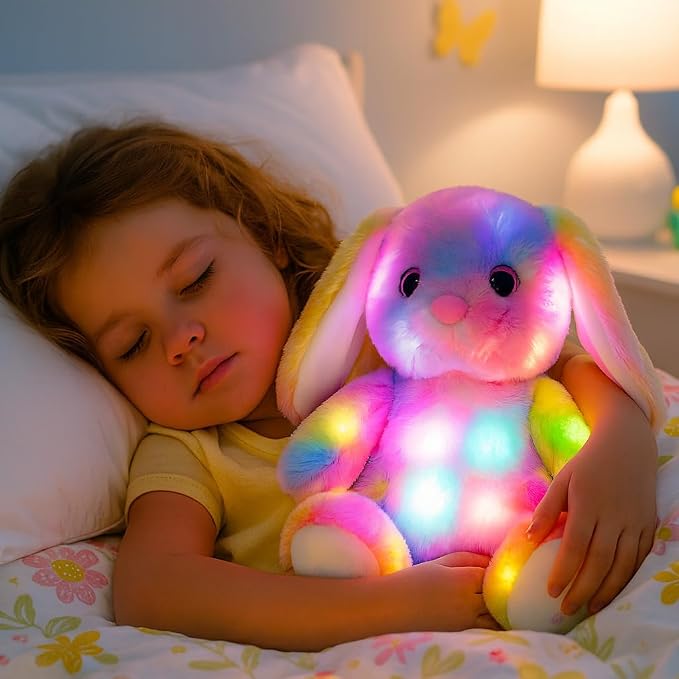Hopearl LED Musical Stuffed Bunny Colorful Lighting Up Singing Plush Rabbit Adjustable Volume Lullaby Animated Soothe Birthday Festival for Kids Toddlers, 10''