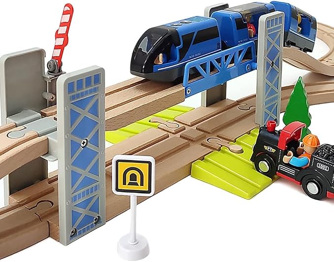 Lift Bridge Wooden Crane Toy Set with Train Cars - Compatible with Major Wooden Rail Brands - Ages 3-5