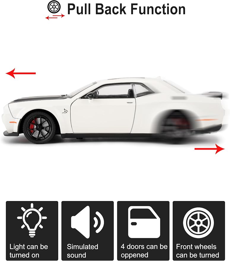Compatible for 1/24 Dodge Challenger SRT Hellcat Car Model, Collectible Die-Cast Model Car with Lights and Sounds,Pull Back Car Toy for Adults Kids Birthday Gifts Decoration (White)