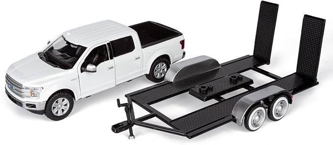 Motormax 2019 Ford F-150 Lariat Crew Cab Pickup Truck with a Car Hauler, Truck & Tow Trailer Combo - 1/27 Scale Diecast Model, White, All Star Toys Exclusive 79363/76001