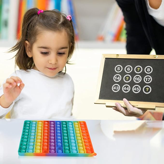 AK-SHIP 7.8in Big Size P0pp Math Toys , Rainbow Square Fidget Ttoy 100bubbles Stress Relieving Fidget Game for Teachers to Create Kinds of Math Manipulatives【with 1-100 Numbers Tables】