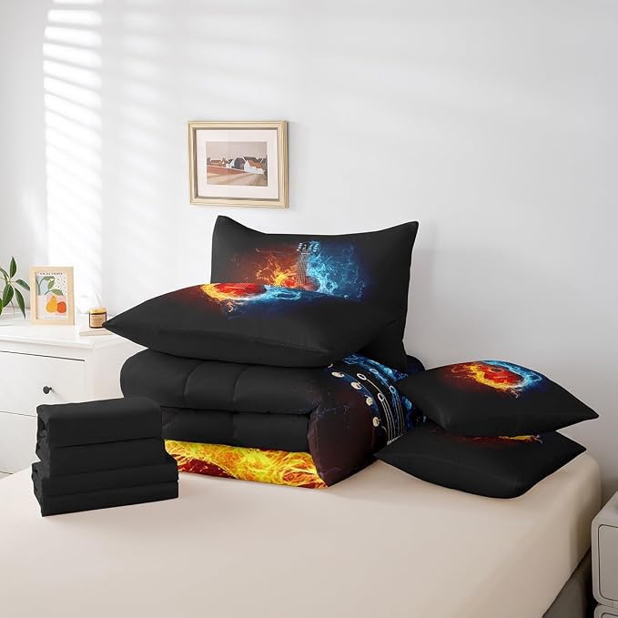 Feelyou Guitar Comforter Set with Sheets Twin Size Rock Music Bed in a Bag for Boys Girls Teens Black Orange Blue 7 Pieces Bedding Set Soft Lightweight Microfiber