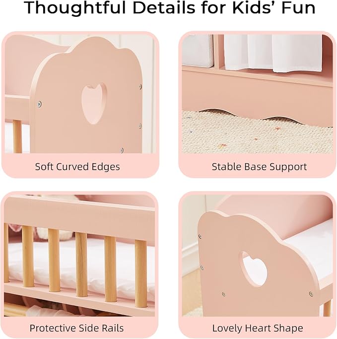 OOOK Baby Doll Crib, Wooden Baby Doll Bed and Changing Table, Dollhouse Furniture with Two Storage Box, Bedding and Coat Hangers, Nursery Playset Suitable for Dolls Under 22 Inches, Pink