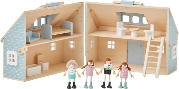Olivia's Little World Wooden Cottage Dollhouse with 12 Accessories & 4 Figurines – Portable 2-Story Playhouse for 3.5" Dolls – Foldable Miniature Toy House for Girls Ages 3+