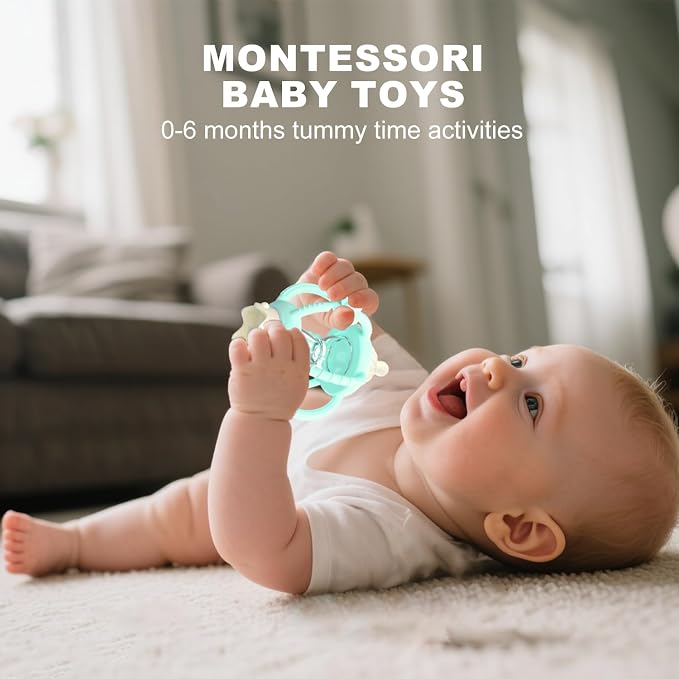 Silicone Teether Rattle Toy for Babies 0-12 Months Teething Relief | Montessori Sensory Teething Toy with Pacifier, Easy Grasp Handle for Infant Boys & Girls, Baby Must Haves
