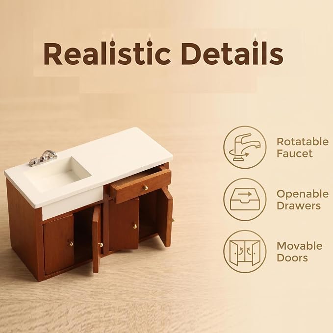 Dollhouse Furniture 1/12 Scale Miniature Sink Cabinet Wooden Bathroom Vanity Cabinet with Openable Drawer and Doors (Brown)