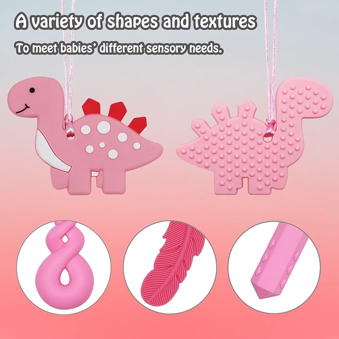 Chew Necklace for Sensory Kids Girls, 6 Pack Chewy Necklace Sensory Chew Toys for Autistic Children or Adults with ADHD, SPD, Anxiety, Silicone Pink Dinosaur Stim Toy - BPA Free