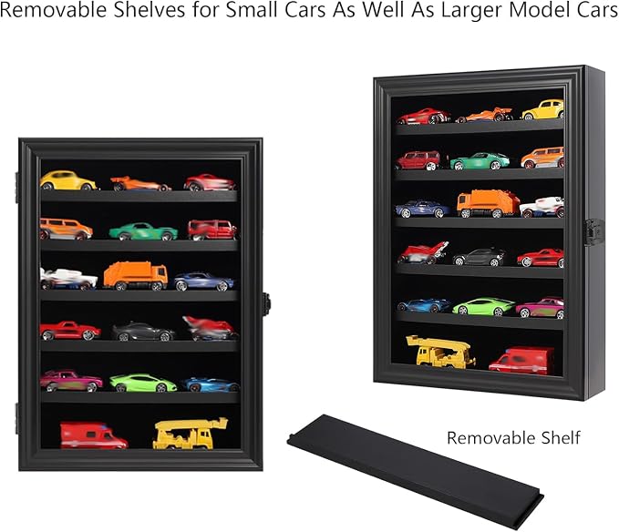 Toy Cars Display Case 1/64 Scale Diecast Car Display Case Wall Mount Model Car Display Storage Cabinet Lockable with Real Glass & Removable Shelf Rack -Black