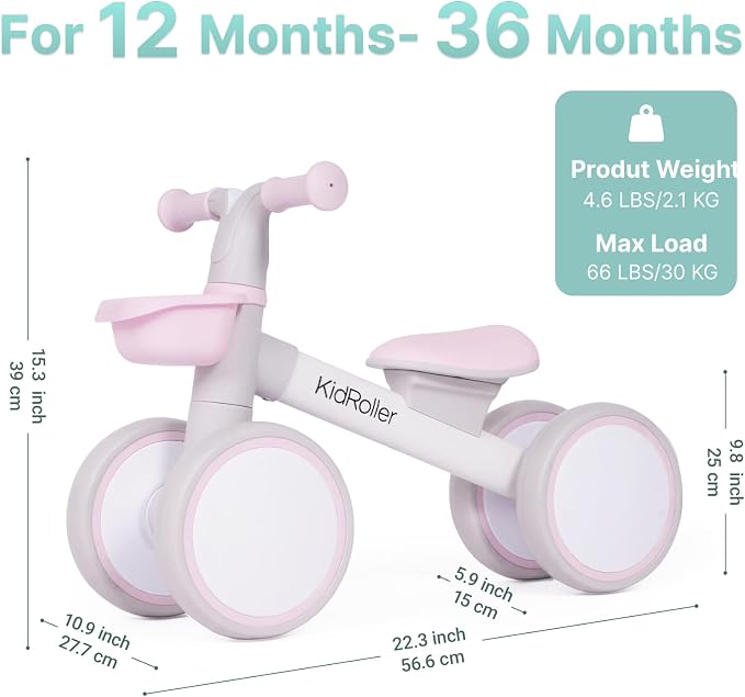 Kid's Balance Bikes for 1 Year Old Boys and Girls, 12-36 Months Toddler Ride-on with Adjustable Seat and a Front Basket, First Birthday Gifts (Pink)