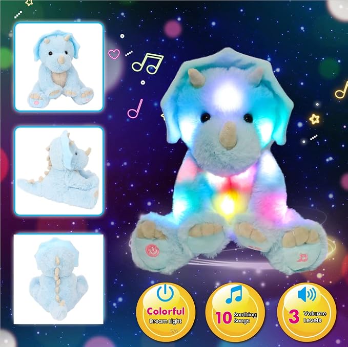 Light-up Singing Plush Blue Triceratops LED Musical Stuffed Animal Dinosaur Adjustable Volume Lullaby Plushies Birthday Christmas Toy Gifts for Kids Toddler Girls, 13"