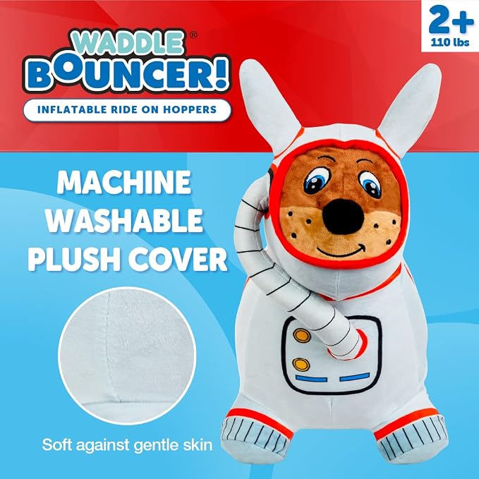 WADDLE Bouncy Hopper Inflatable Animal Hopping Plush, Indoor and Outdoor Toy for Toddlers and Kids, Pump Included, Boys and Girls Ages 2 Years and Up (Space Dog)
