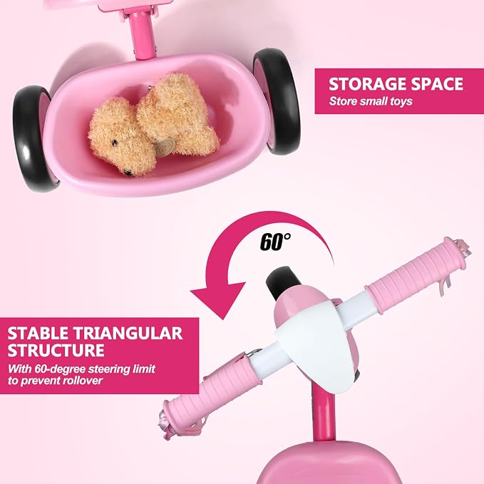Liberry Foldable Toddler Tricycle Age 2 3 4 Years Old, Kids Trike with Adjustable Seat, Basket & Streamers, 3 Wheel Bike Riding Toy Birthday Gift for Girls Boys, Pink