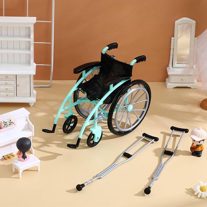 Garneck 1 Set of Green Miniature Wheelchair and Crutches Playset for Doll: Miniature Wheelchair Model for Dollhouse Furniture Accessories DIY Micro Scene Decor