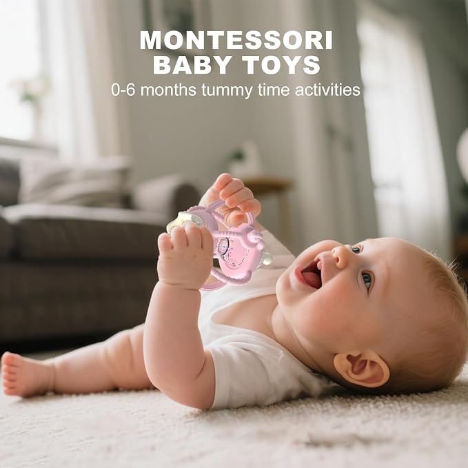 Silicone Teether Rattle Toy for Babies 0-12 Months Teething Relief | Montessori Sensory Teething Toy with Pacifier, Easy Grasp Handle for Infant Boys & Girls, Baby Must Haves