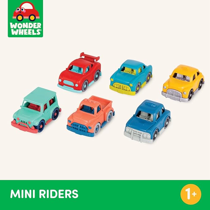 Battat – Wonder Wheels – Set of 6 Mini Toy Cars for Kids – Race Car, Truck, Taxi, Police, Retro, 4x4 – Pretend Play – Recyclable Materials – Mini Riders – 1 Year +