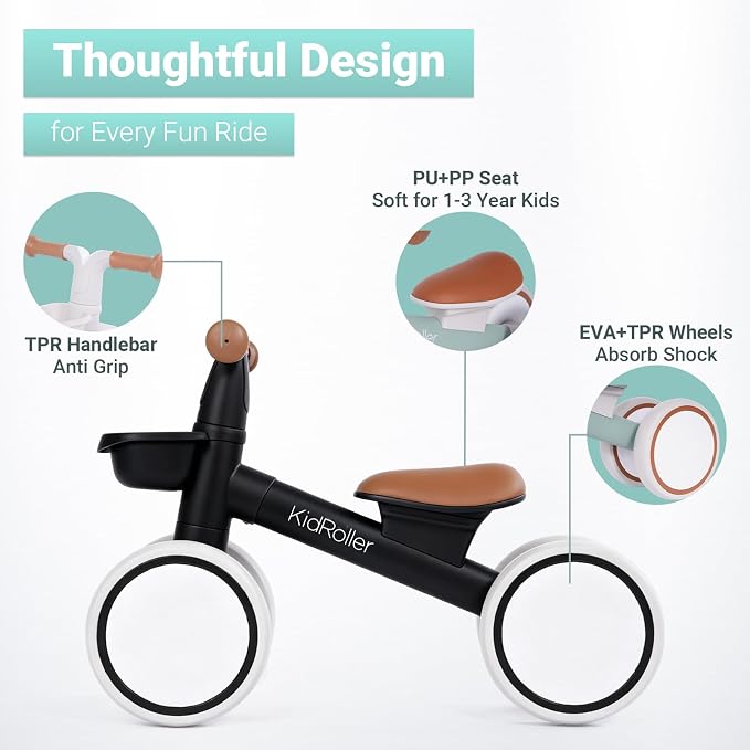 Kid's Balance Bikes for 1 Year Old Boys and Girls, 12-24 Months Toddler Ride-on with Adjustable Seat and a Front Basket, First Birthday Gifts Black